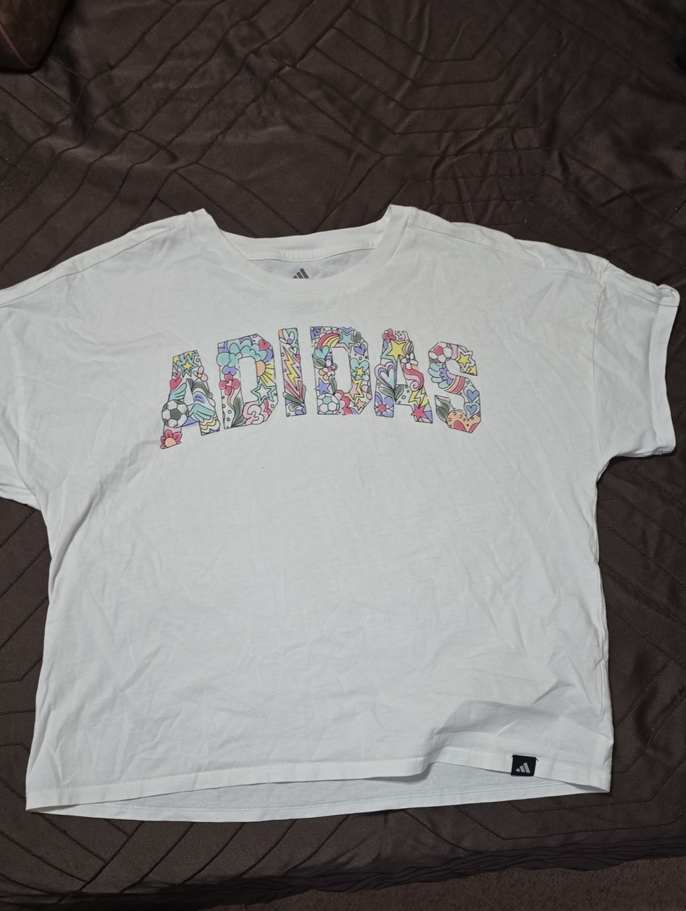 Adidas Loose Fit White Tee with Multicolor Floral Logo
